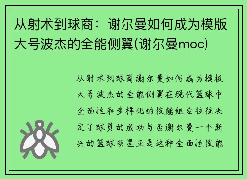 从射术到球商：谢尔曼如何成为模版大号波杰的全能侧翼(谢尔曼moc)