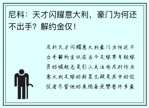 尼科：天才闪耀意大利，豪门为何还不出手？解约金仅！