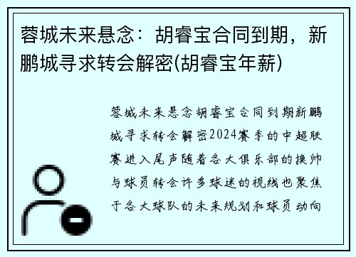 蓉城未来悬念：胡睿宝合同到期，新鹏城寻求转会解密(胡睿宝年薪)