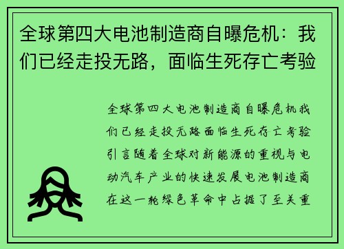 全球第四大电池制造商自曝危机：我们已经走投无路，面临生死存亡考验