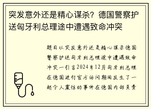 突发意外还是精心谋杀？德国警察护送匈牙利总理途中遭遇致命冲突