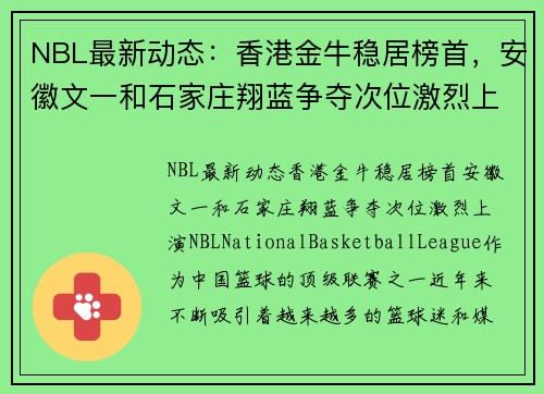 NBL最新动态：香港金牛稳居榜首，安徽文一和石家庄翔蓝争夺次位激烈上演