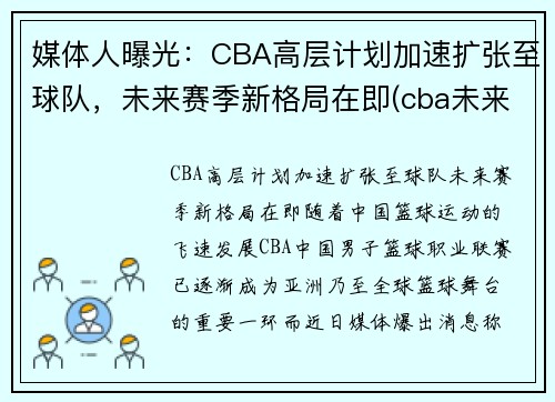 媒体人曝光：CBA高层计划加速扩张至球队，未来赛季新格局在即(cba未来会扩军到多少球队)