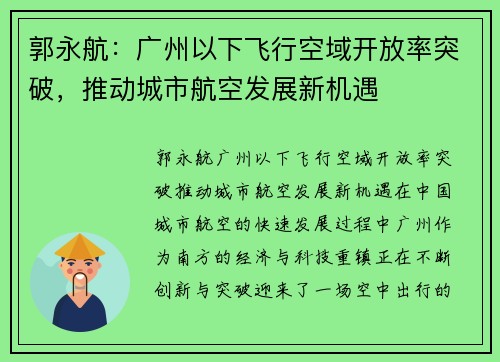 郭永航：广州以下飞行空域开放率突破，推动城市航空发展新机遇