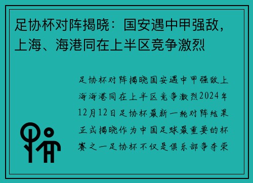 足协杯对阵揭晓：国安遇中甲强敌，上海、海港同在上半区竞争激烈